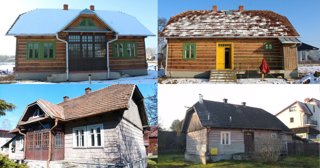 Wygląd przed i po translokacji pierwszego budynku do Parku Edukacyjnego "Branice"