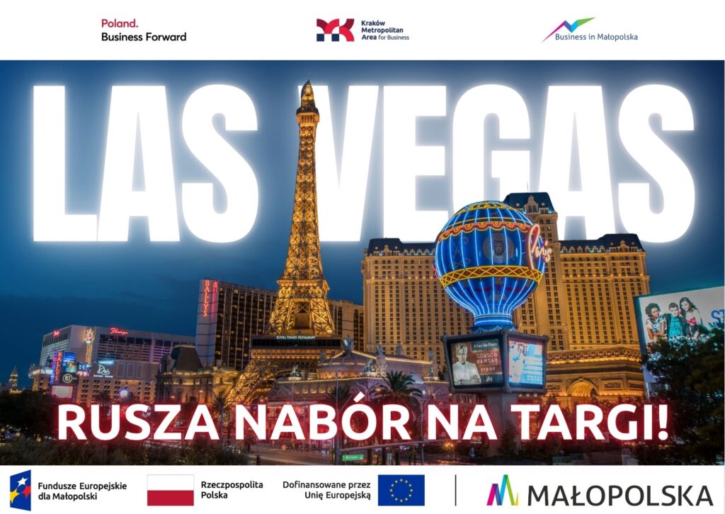 Grafika przedstawia ogłoszenie o naborze na targi CES w Las Vegas.
