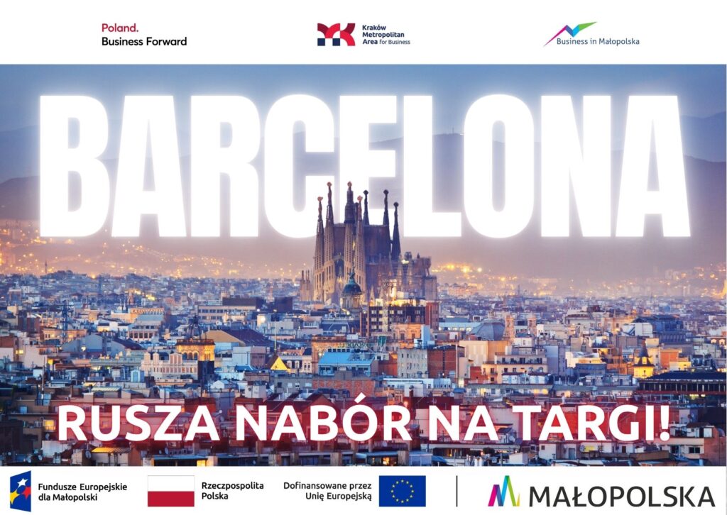 Grafika przedstawia ogłoszenie naboru na wyjazd na targi do Barcelony
